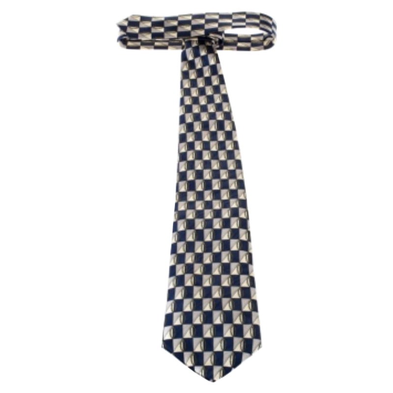 Lanvin Blue Checkered Leaf Print Silk Tie en vente