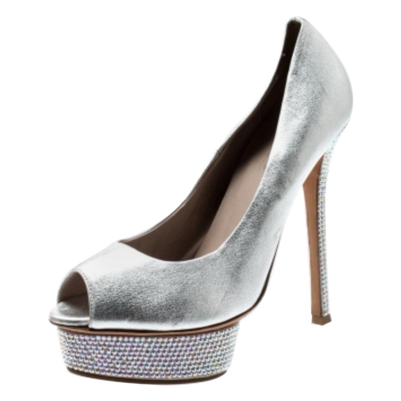 Le Silla Metallic Leder Crystal verschönert Plattform Peep Toe Pumps Größe 38