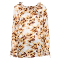 CH Carolina Herrera White & Brown Printed Silk Ruffled Blouse L