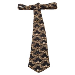Lanvin Vintage Black and Gold Bird Print Silk Tie