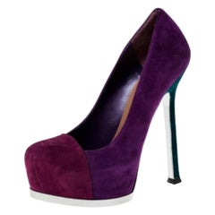 Saint Laurent Paris Two Tone Suede Leather Tribtoo Platform Pumps Size 35.5