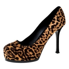 Saint Laurent Paris Brown Leopard Print Pony Hair Tribtoo Platform Pumps Size 36