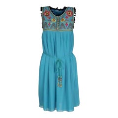 Matthew Williamson Escape Floral Embroidery Silk Pom Pom Trim Sleeveless Dress M