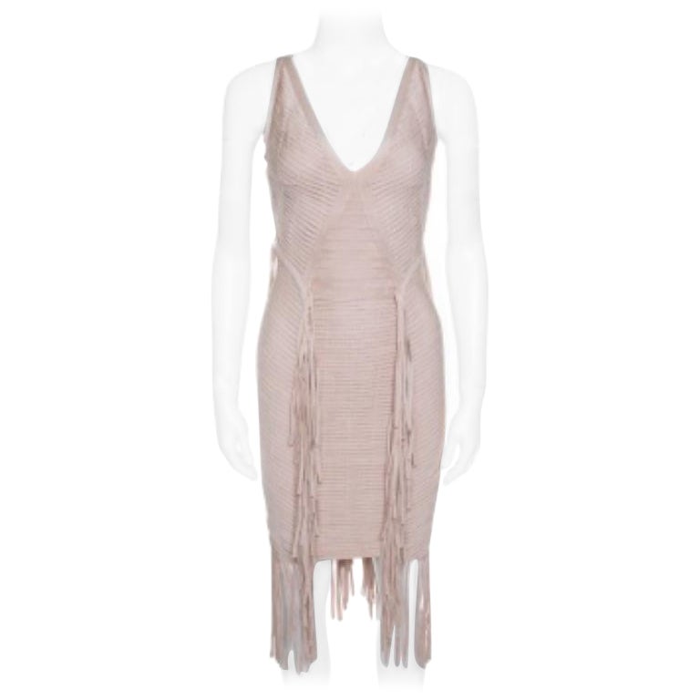 Herve Leger Vestito a fascia senza maniche con frange beige S in vendita