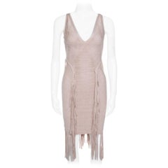 Herve Leger Beige Fringed Sleeveless Bandage Dress S