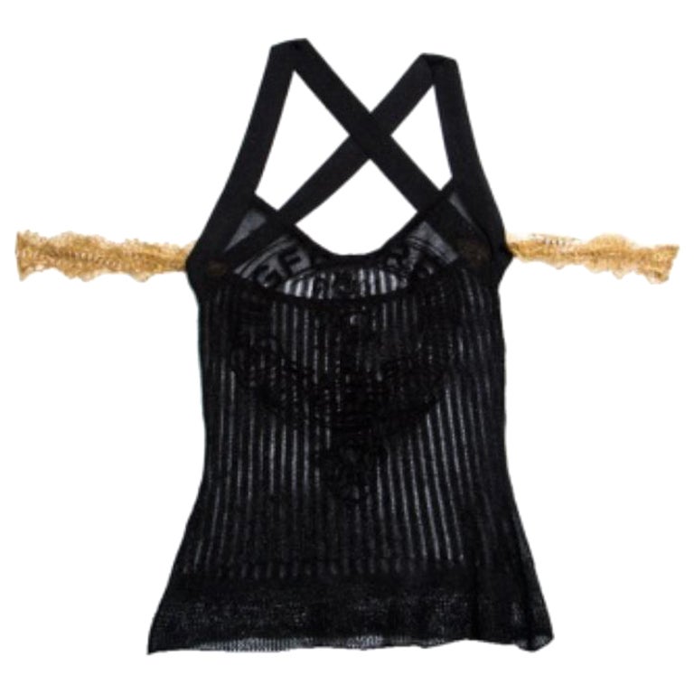GF Ferre Metallic Black Scallop Lace Strap Detail Perforated Knit Top S in vendita