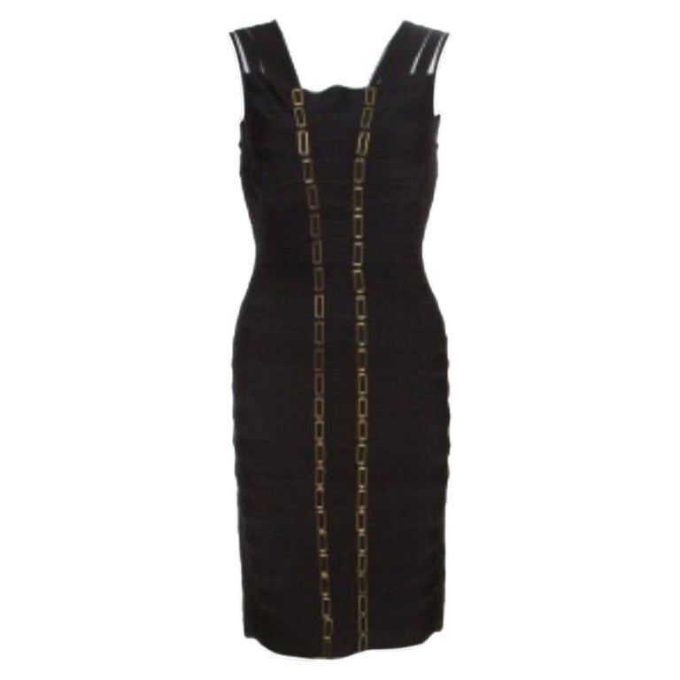 Herve Leger Negro Detalle Cadena Metal Link Vendaje Vestido Gemma M