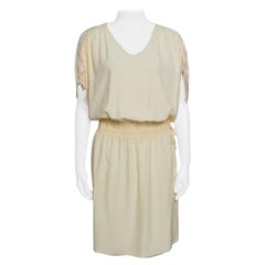 Chloe Vanilla Yellow Smocked Waist Lace Insert Tie Detail Dress M