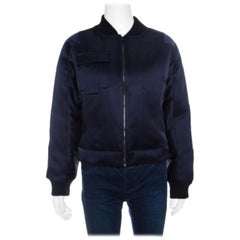Diane Von Furstenberg Navy Blue Satin Alexander Bomber Jacket M