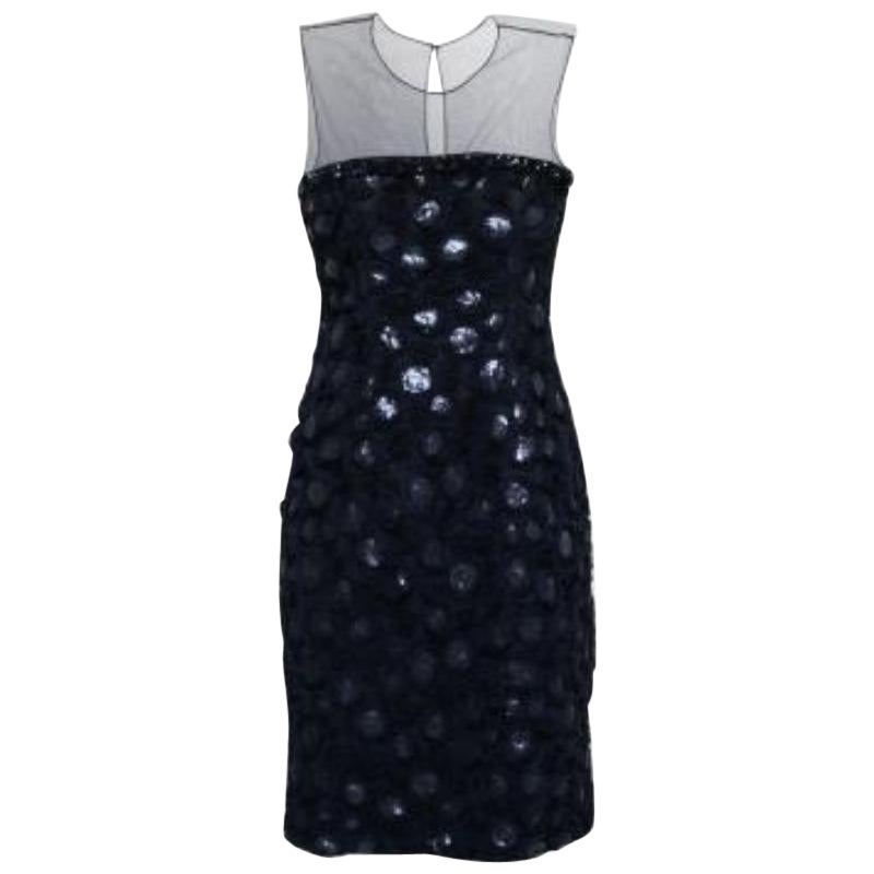 Mikael Aghal Blau Rosette Applique verschönert schiere Passe ärmelloses Kleid S im Angebot