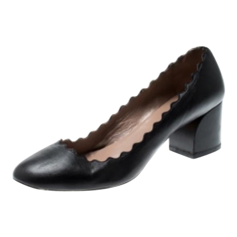 Chloe Leather Black Lauren Scallop Trim Block Heel Pumps Size 38.5