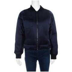 Diane Von Furstenberg Navy Blue Satin Alexander Bomber Jacket M