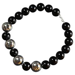 Striking Black Onyx and Sterling Bead Necklace and Earrings Taxco 10