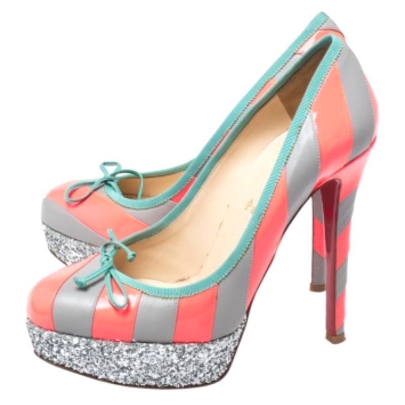 Christian Louboutin Striped Leather Foraine Glitter Platform Pumps Size 37.5 en vente