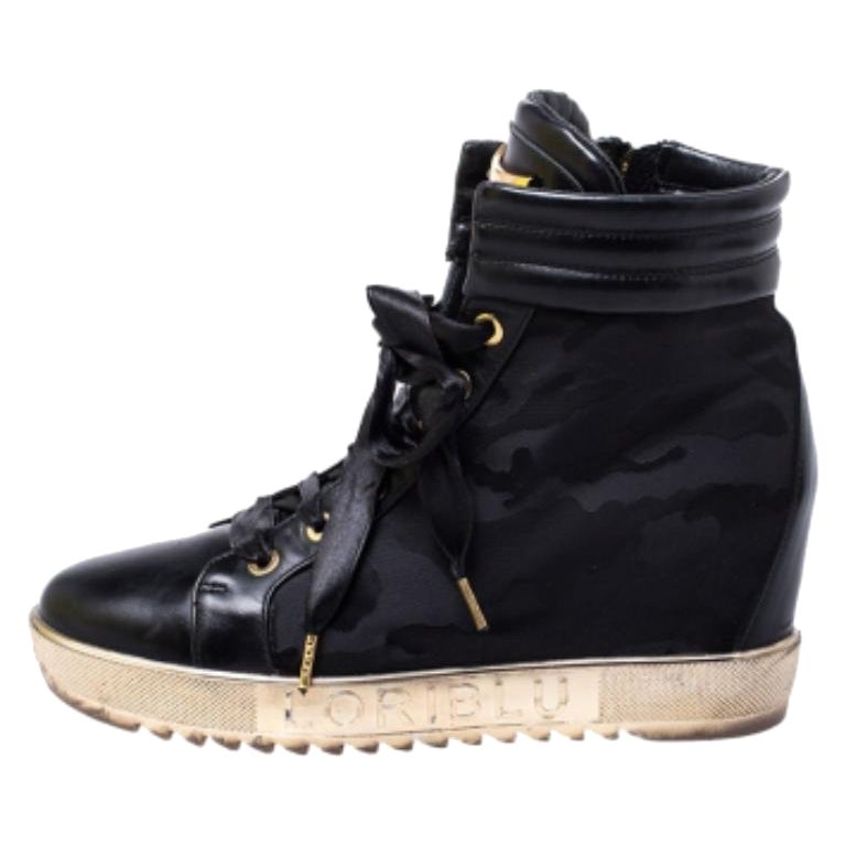 Loriblu Zapatillas de cuña con cordones de piel y nailon negras talla 36 en venta