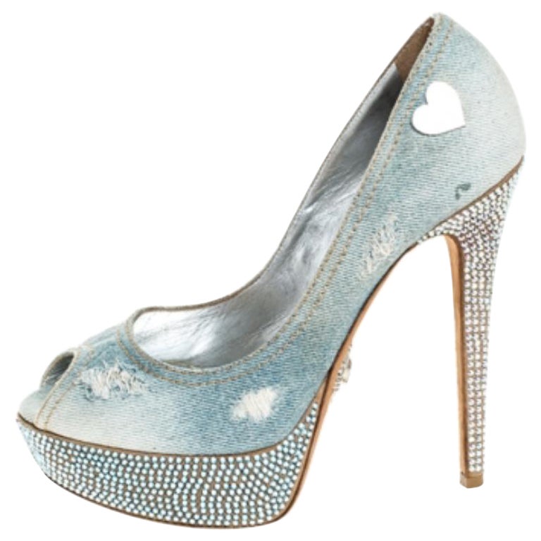 Phillip Plein Crystal Embellish Distressed Denim Peep Toe Platform Pumps Size 39 en vente