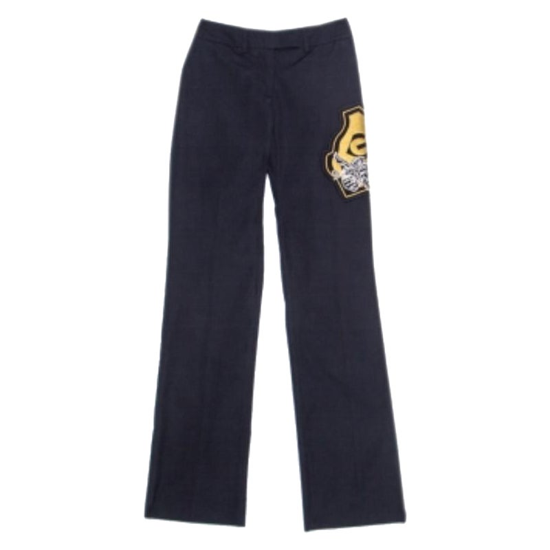 GF Ferre Navy Blue Cotton Crest Applique Detail Straight Fit Trousers S en vente