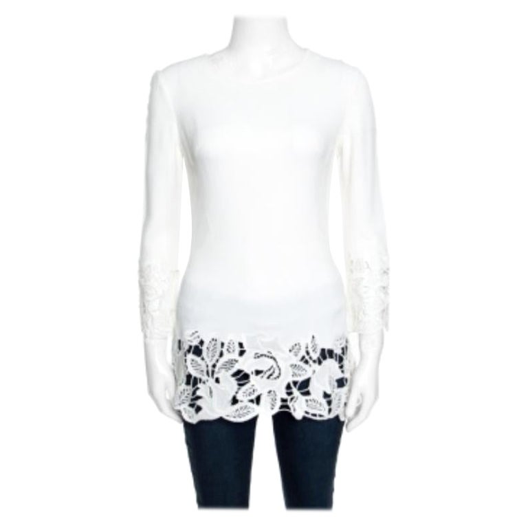 Ermanno Scervino Blanco roto Top de manga larga con detalle de encaje floral S en venta