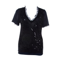 RED Valentino Black Knit Sequined Lace Trim V Neck Top S