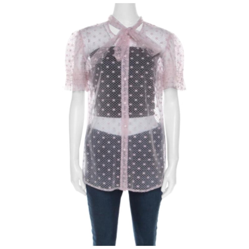 Red Valentino Camicetta rosa pallido in tulle con fiocco e dettaglio trasparente L in vendita