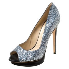 Nicholas Kirkwood Silver Glitter Leather Double Platform Peep Toe Pumps Size 38