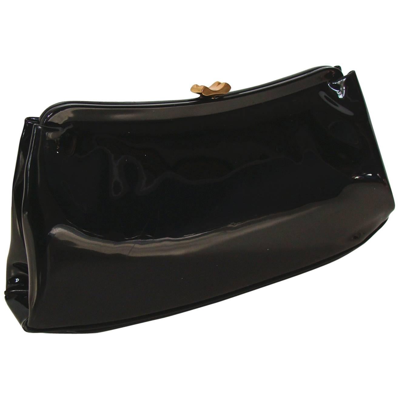 Spring!   Black Patent Clutch with Polka Dots Lining