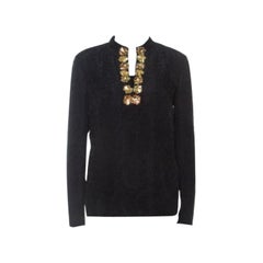 Tory Burch Black Embossed Silk Embellished Tunic Top M