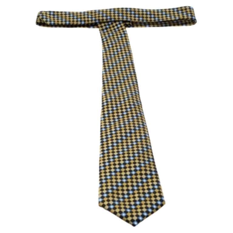 Lanvin Gelbe und blaue Diagonal karierte Seidenkrawatte im Angebot