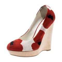 Saint Laurent Paris Red And White Printed Canvas Wedge Platform Pumps Size 35.5
