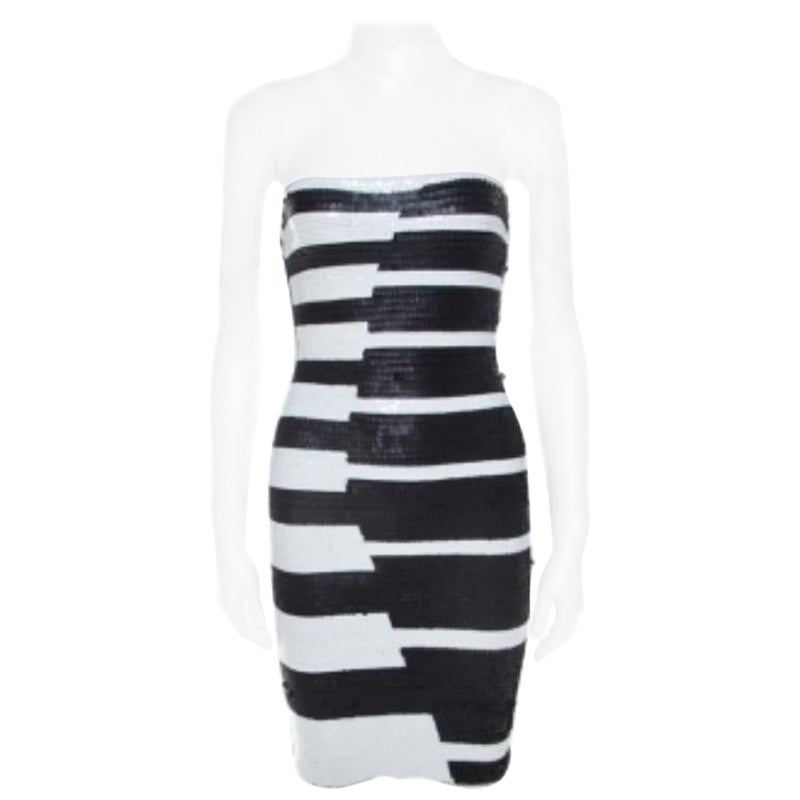 Hervé Leger Vestito da cocktail senza spalline con paillettes bianche e nere XS in vendita