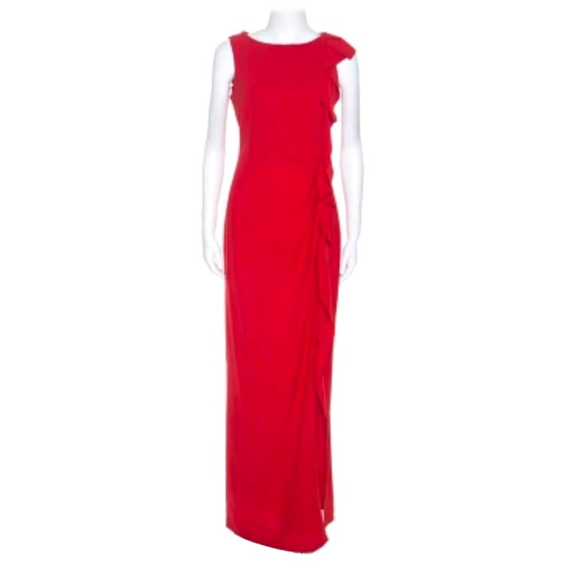 CH Carolina Herrera - Maxi abito senza maniche in crepe rossa con dettagli a volant S in vendita