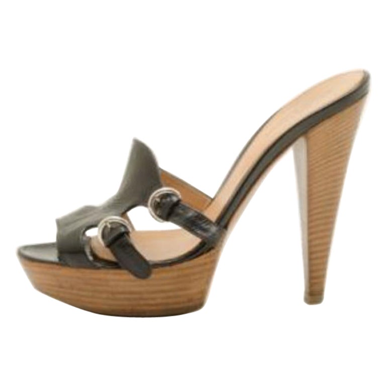 Sergio Rossi Sandalias de cuero negro con plataforma de madera Talla 38 en venta