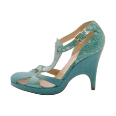 Versace Teal Raffia Croc Stamped Wedge Sandals Size 39.5