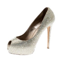 Le Silla Metallic Crystal Embellished Leather Peep Toe Platform Pumps Size 39