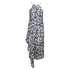Josh Goot Navy Blue and White Printed Silk Side Bustle Dress XS