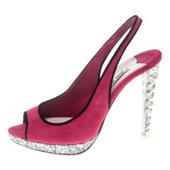 Miu Miu Suede Crystal Embellished Gliiter Platform Peep Toe Sandals Size 37.5
