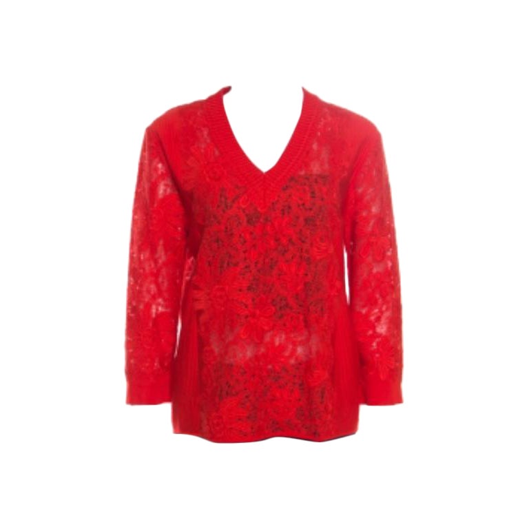 Ermanno Scervino Red Lace Paneled V Neck Sweater M en vente