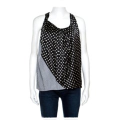 Acne Monochrome Shy Dots and Striped Panel Detail Silk Asymmetric Tank Top L