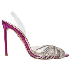 AQUAZZURA pink satin & pvc GATSBY 105 CRYSTAL Slingbacks Shoes 39.5
