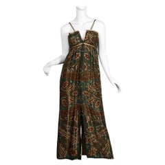 Gorgeous 1970s Pauline Trigere Vintage Metallic Gold Lamé Paisley Silk Dress