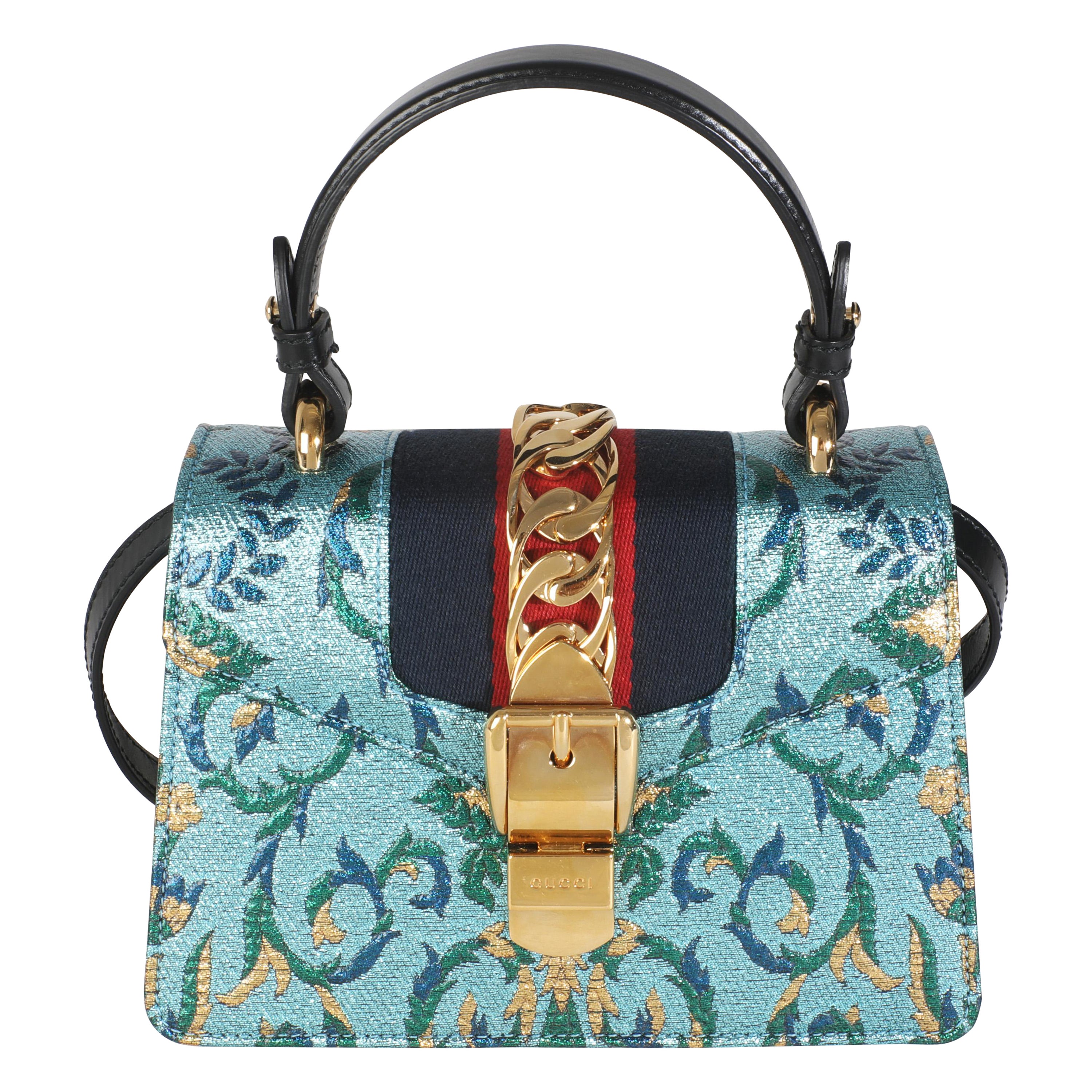 Gucci Borsa Mini Sylvie Top Handle in broccato ricamato blu iridescente in vendita