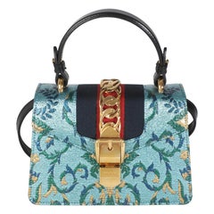 Gucci Blue Iridescent Embroidered Brocade Mini Sylvie Top Handle Bag