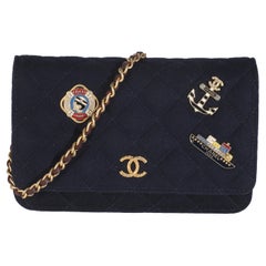 Chanel Navy Quilted Felt Paris-Hamburg Charms Wallet On Chain