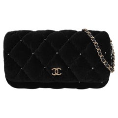 Chanel Mini Flap Black Velvet Gem Studded Silver Hardware Microchip