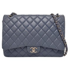Chanel Classic Flap Maxi Misty Blue Lambskin Leather Double Flap with Silver-ton