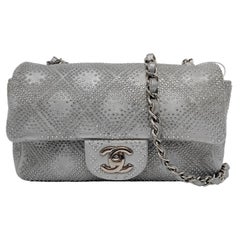 Chanel Classic Flap Mini Rectangular Silver Lambskin With Studs Silver Hardware