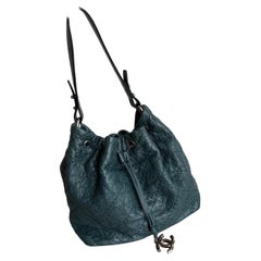Chanel Bucket Bag Medium Dark Green Calfskin Leather Silver Hardware