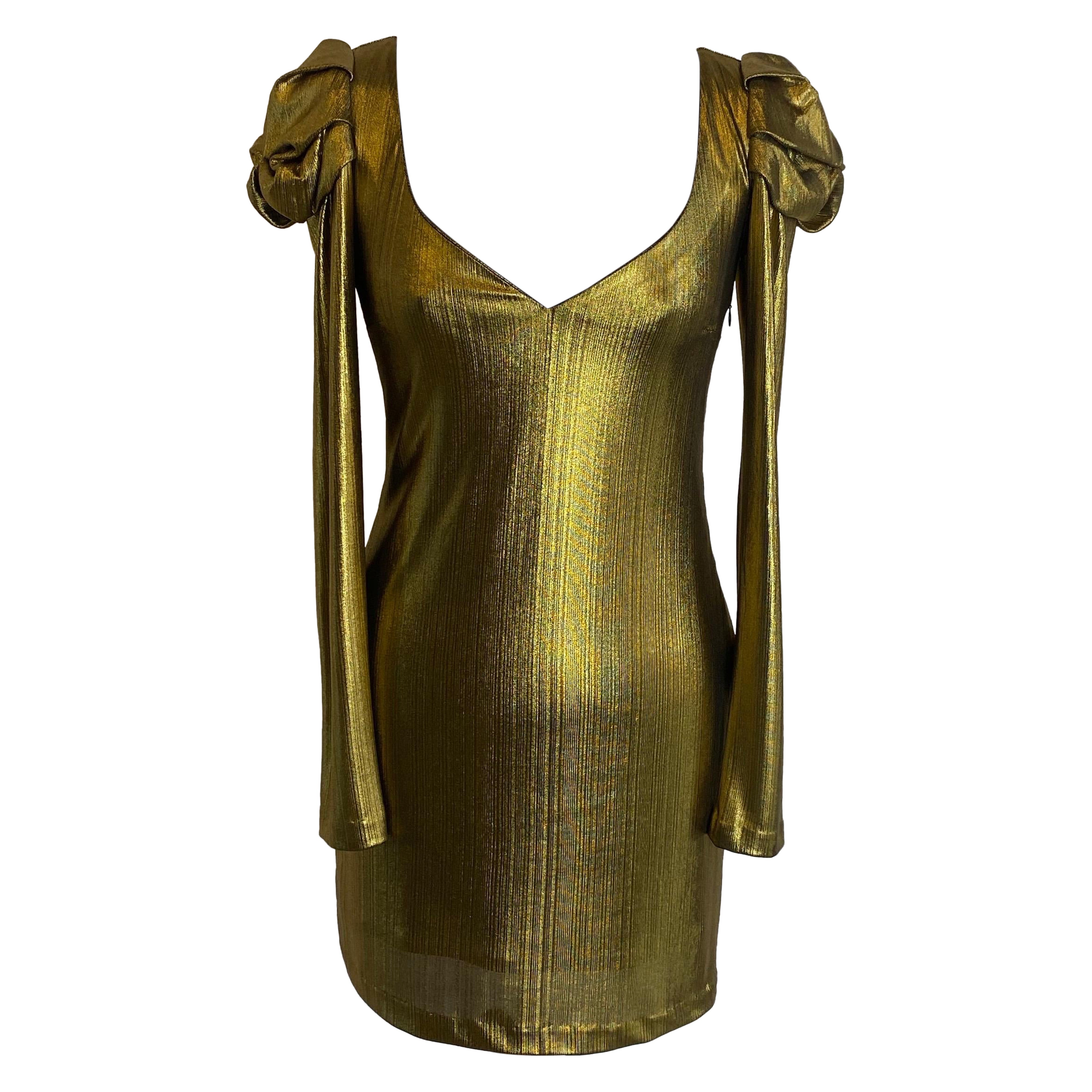 Amanda Uprichard Gold Dress with Padded Shoulders en vente