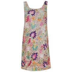 1968 Marbel Couture Colorful Beaded Sequin Floral Sleeveless Mod Cocktail Dress 10