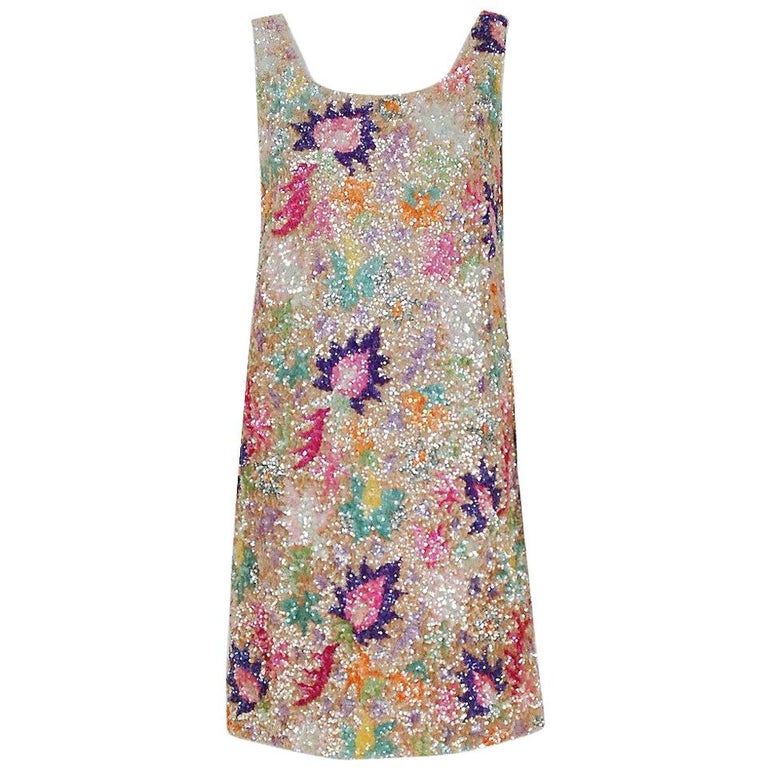1968 Marbel Madrid Couture Beaded Sequin Floral Silk Sleeveless ...